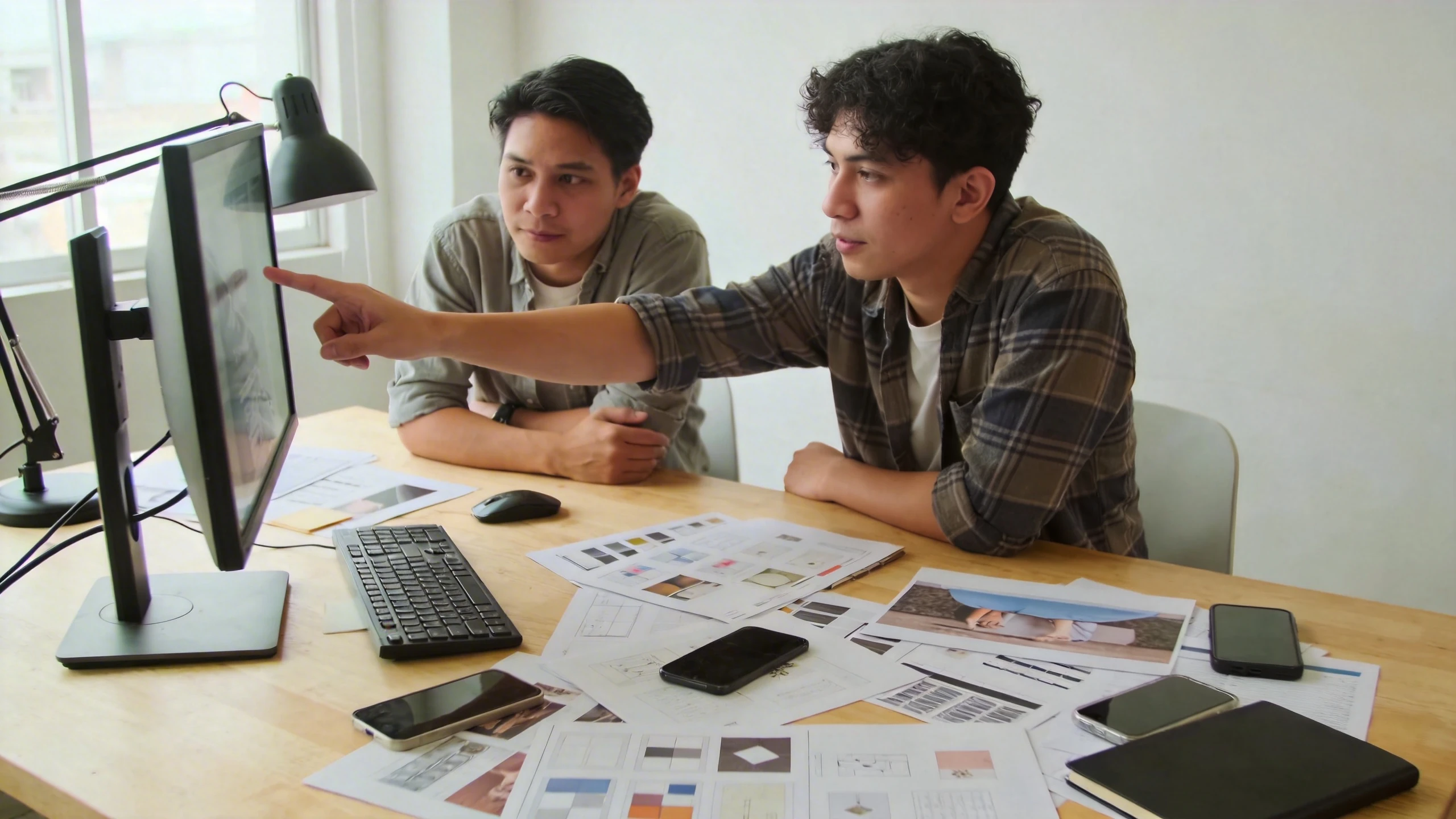 團在桌面攤開文件討論網站架構與設計規劃