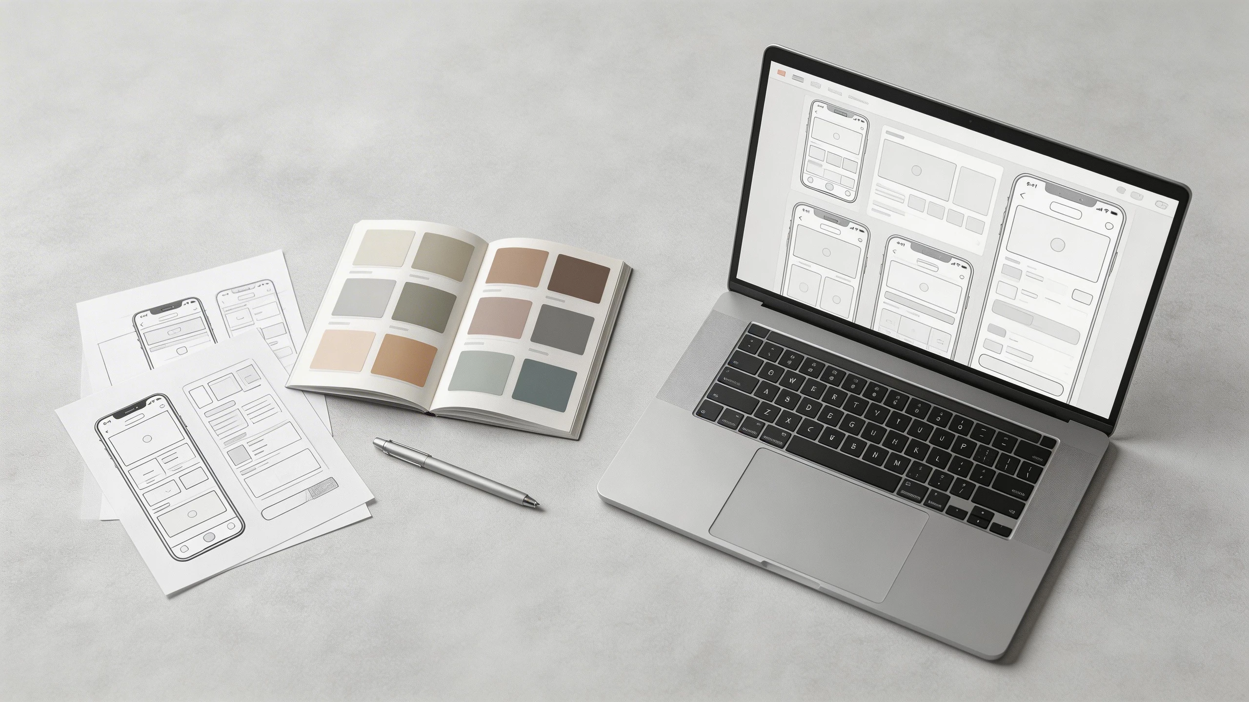 俯視桌面平拍，筆電旁有草圖筆記本與文具展示設計規劃流程