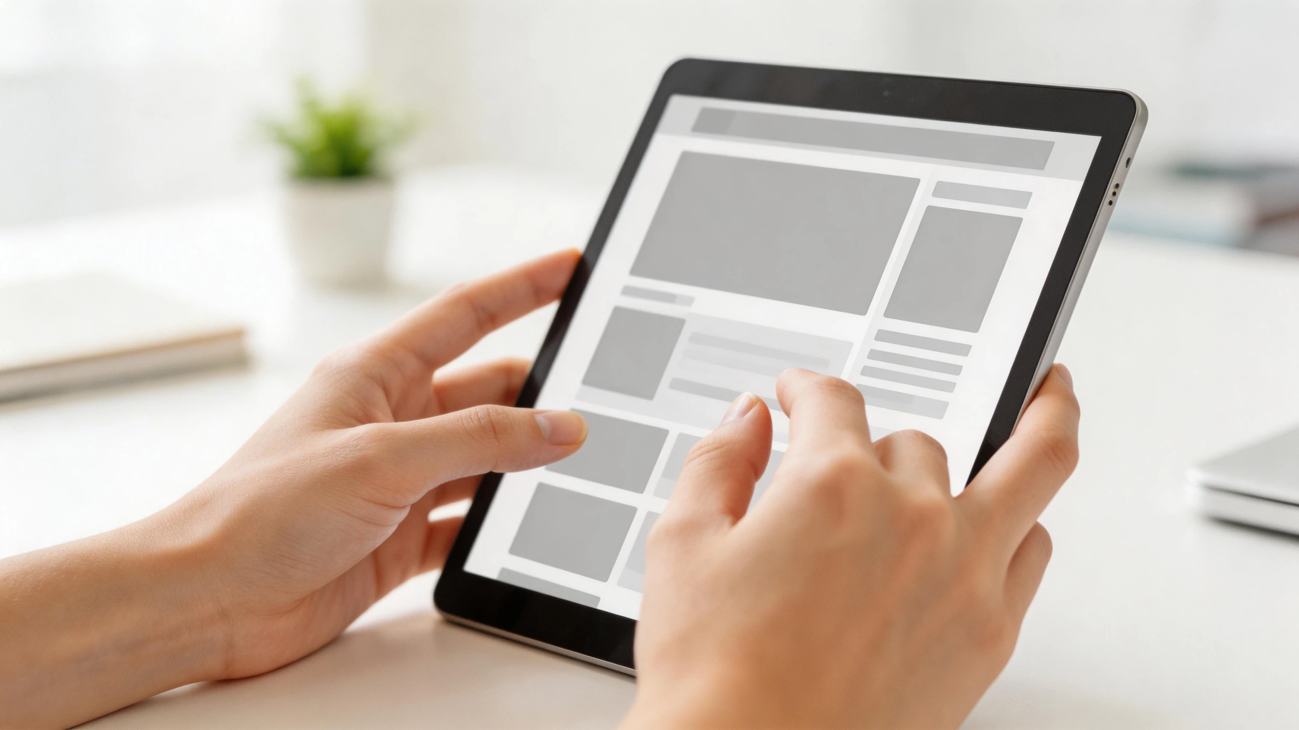 使用者雙手操作平板裝置瀏覽網頁內容的互動情境