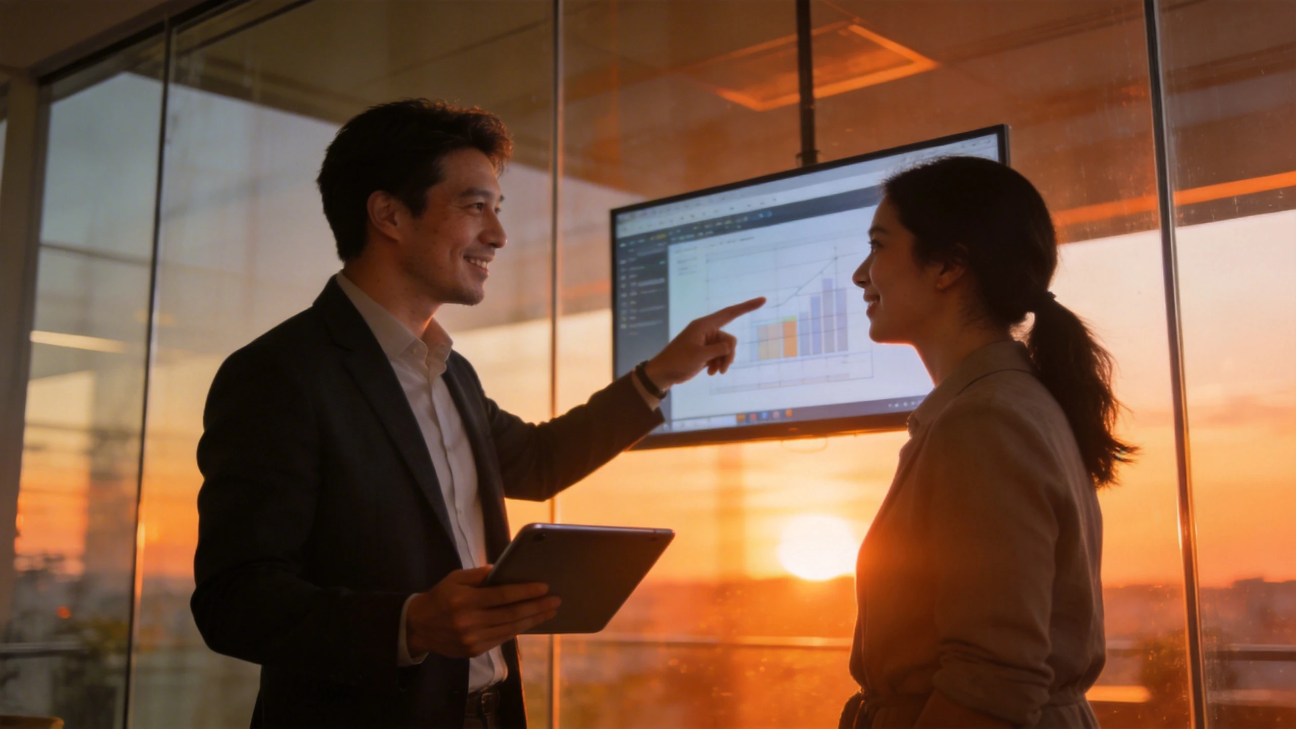 商務會談情境照，兩人站在會議空間交談，展現專業的品牌形象溝通