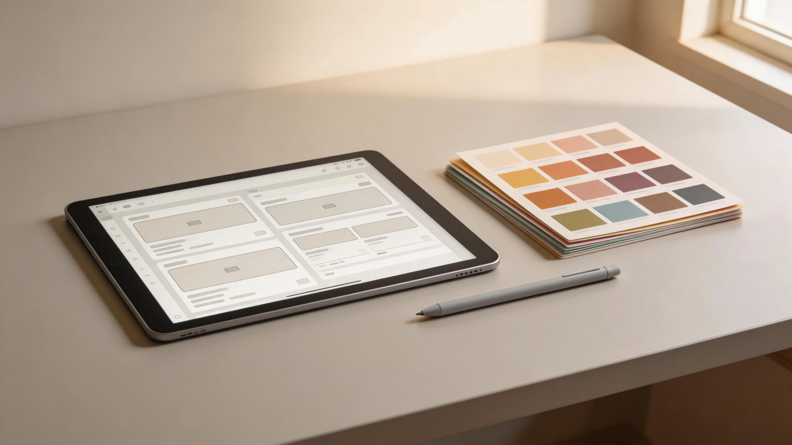 桌面平拍呈現色票與版面規劃素材，象徵客製化網站設計的精細投入與價值
