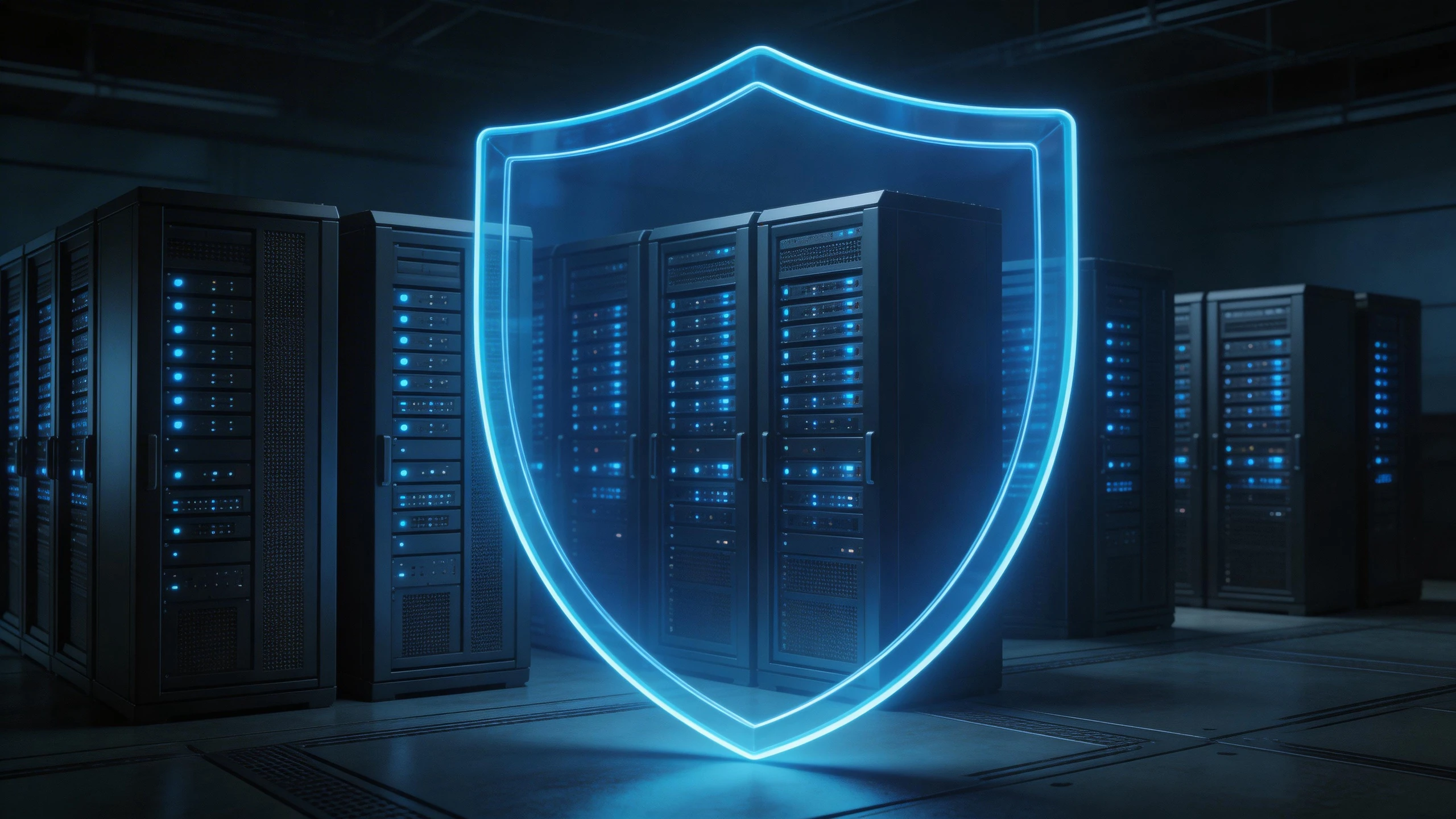 深色背景的藍色數位盾牌與鎖頭圖示，象徵客製化網站的資安防護