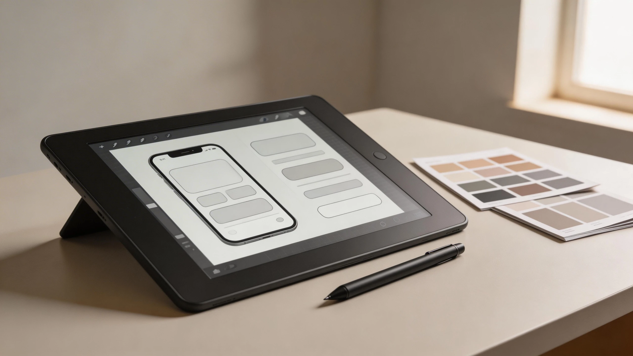 平板顯示線框介面設計稿，旁有筆記本與文具