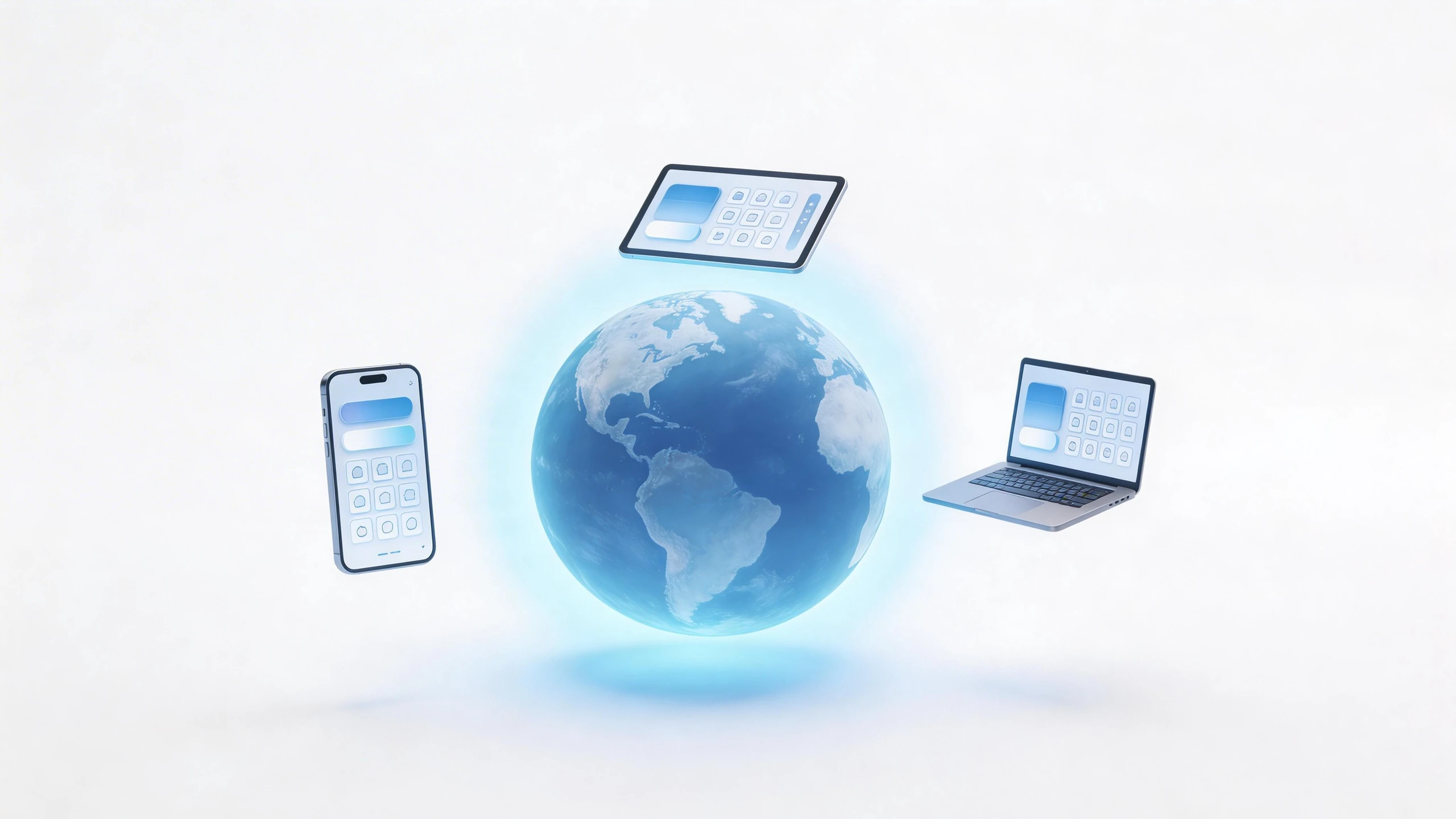 3D 地球搭配手機平板與筆電圖示環繞，呈現跨裝置全球連網體驗