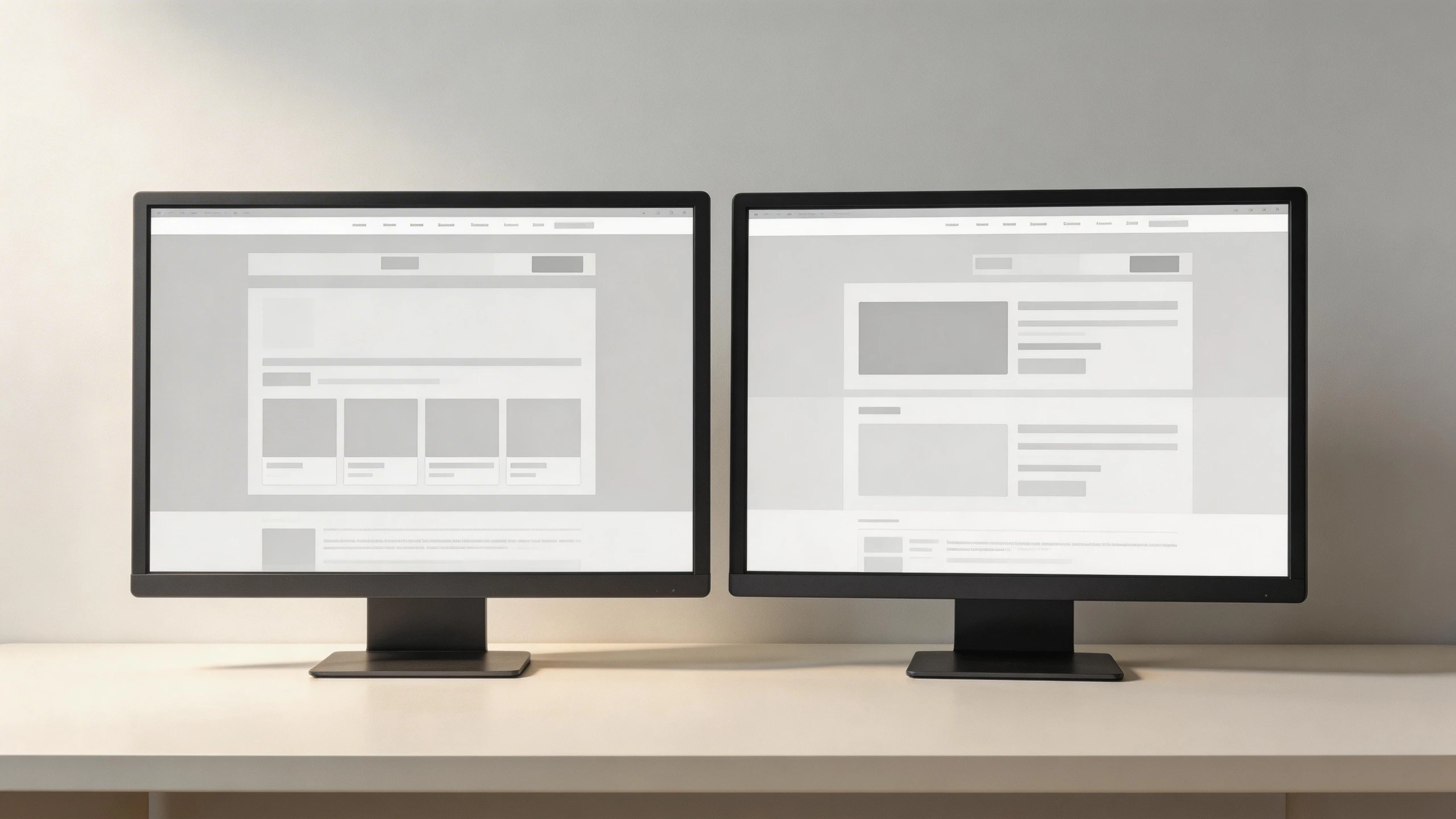 桌面雙螢幕顯示網站線框與頁面版型的設計工作站
