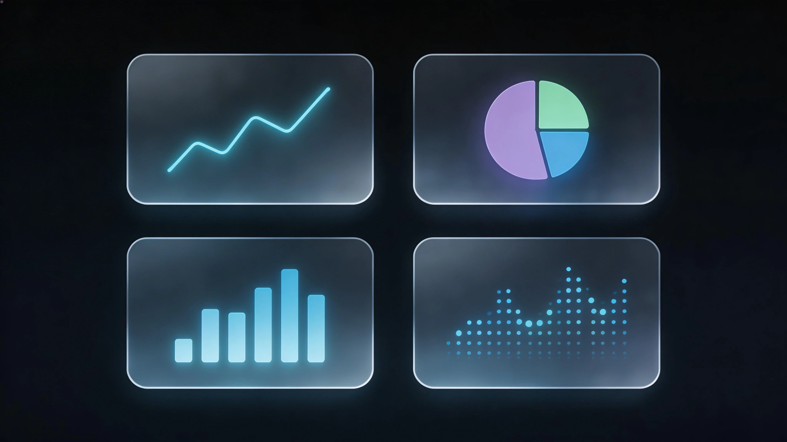 深色介面的卡片式圖表集合，呈現結構化數據分析與網站效能指標