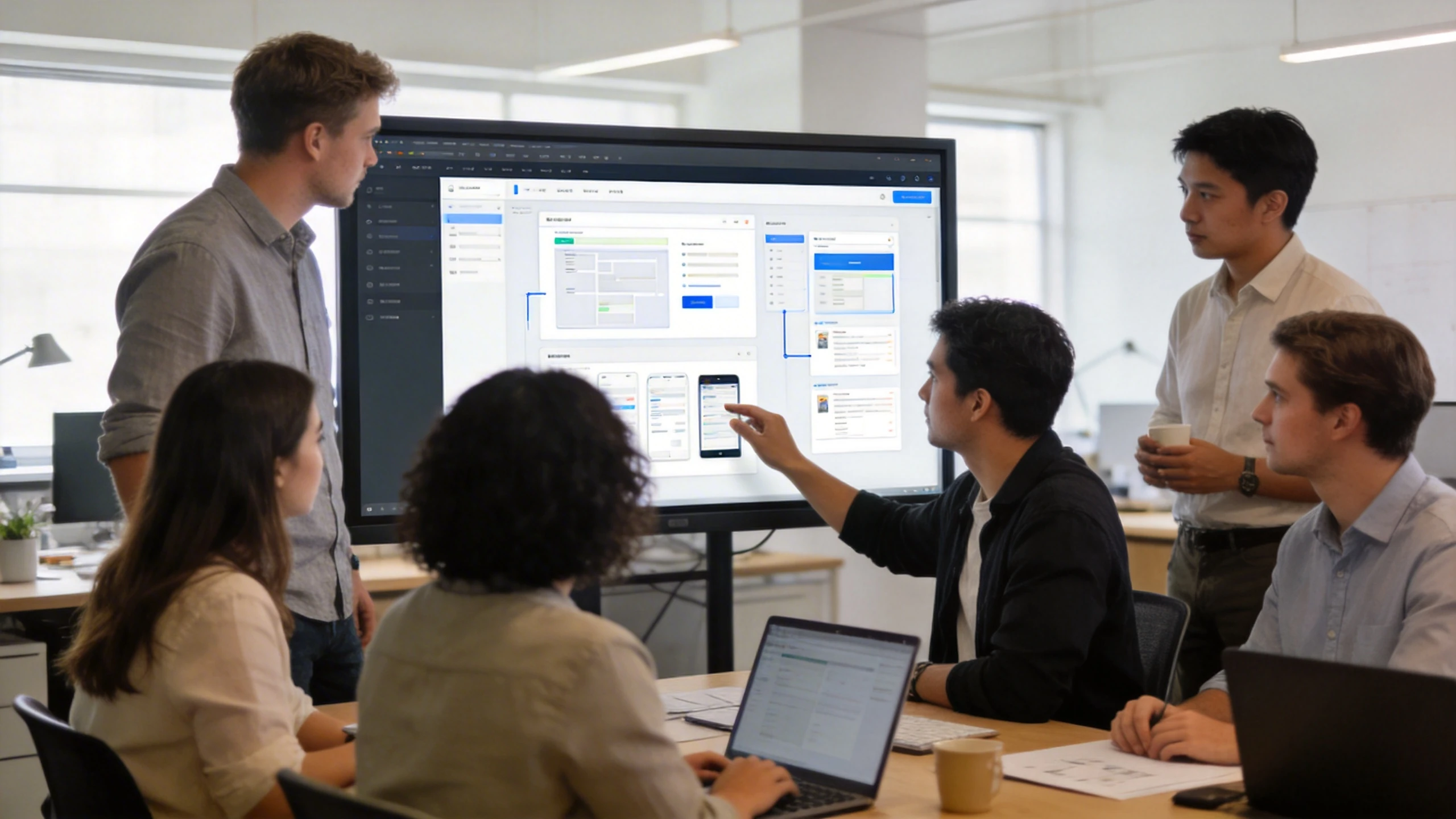 辦公空間中於大螢幕前討論網站設計簡報的工作場景