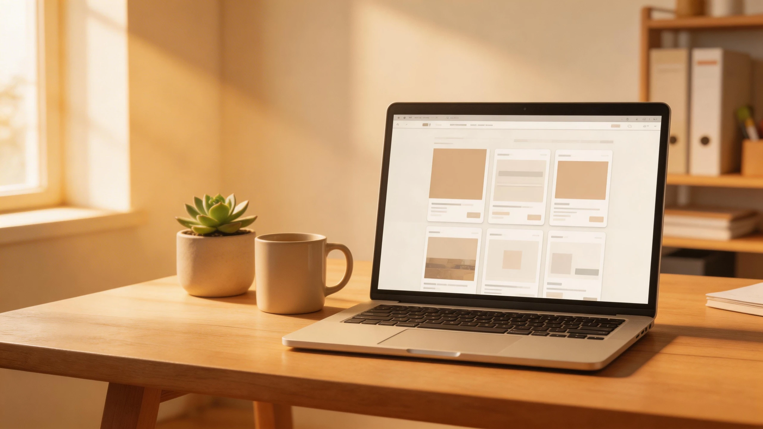 暖色調辦公桌面上筆電顯示網頁設計版面，旁有盆栽營造溫馨工作氛圍